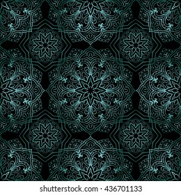 Rich metallic turquoise ornaments on a black background. Vector seamless ornate oriental pattern. Template for textile.