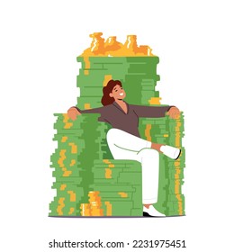 Rich Millionaire Businesswoman Character Sitting on Throne made of Money Stacks, Coins and Dollars. Business Growth, Wealth and Prosperity Concept. Investor with Money. Cartoon Vector Illustration