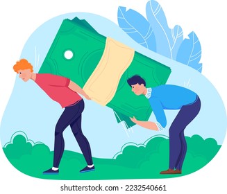 Rich millionaire, money cash, carry currency, heavy full earnings, isolated on white, design, flat style vector illustration.