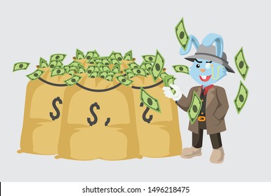 rich mobster rabbit with sacks of money vector