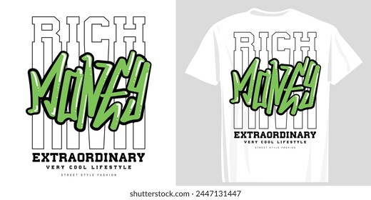 Rich Money Graffiti Stil Buchstaben Zitat Slogan Text. Vektorillustration Design für Mode, T-Shirt, T-Shirt, Print, Grafik.