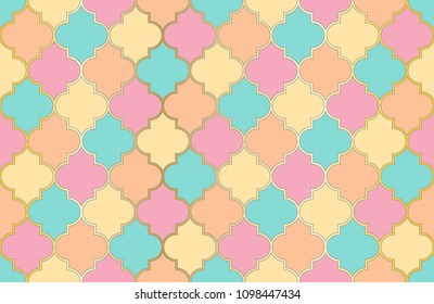 Rich Mosque Window Vector Seamless Pattern. Ramadan mubarak muslim background.  Holy month ramadan kareem mosque pattern with gold grid mosaic.  Islamic fabric grid design of lantern shapes tiles.