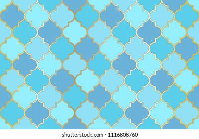 Rich Mosque Window Vector Seamless Pattern. Ramadan mubarak muslim background.  Traditional ramadan kareem mosque pattern with gold grid mosaic.  Islamic window grid design of lantern shapes tiles.