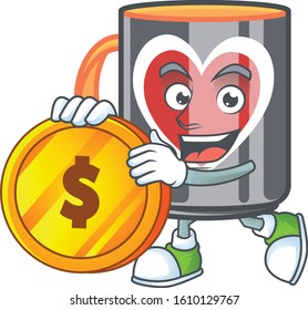 Rich mug love mascot cartoon design style with gold coin