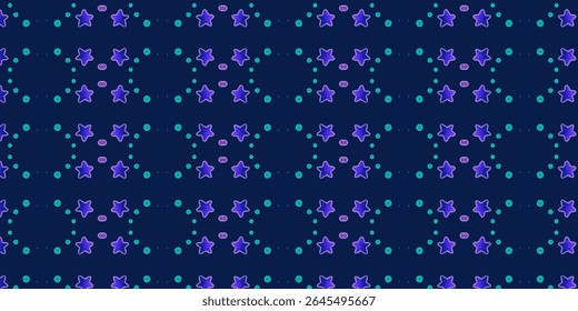 Rich navy blue background with vibrant purple stars and teal dots in a mesmerizing, cosmic-inspired repeating pattern. A bold choice for modern designs.