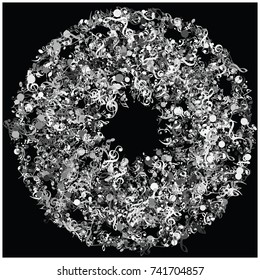 Rich Noble Music Notes Confetti. Grey Scale Silver Round Design or Spiral. Elegant Trendy Design Element, Festive Concert Poster Decoration. Ads Banner, Button, Party, or Disco Flyer Cool Background.