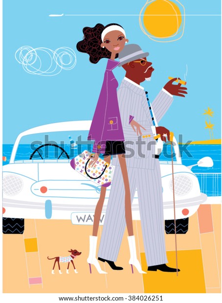 Rich old man walking with young girlfriend.\
Sugar daddy. Vector\
illustration