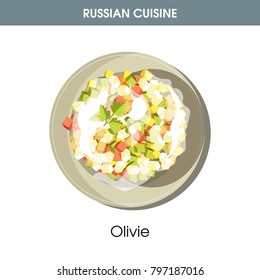 Rich Olivie salad dressed with mayonnaise from Russian cuisine