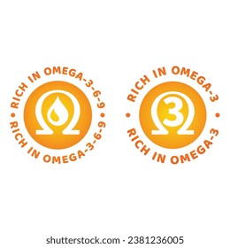 Rich in omega 3 6 9 vector label. Omega oil natural food source icon.