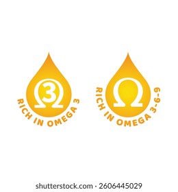 Rich in omega 3 6 9 vector label. Omega 3 source colorful icon with drop.