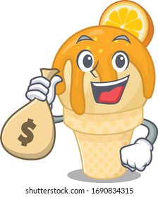 Rich orange ice cream cartoon design holds money bags