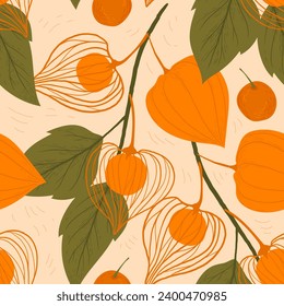 rich pattern with physalis vine. exquisite print with a floral pattern of leaves and berries