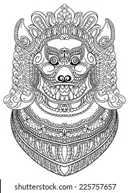 Rich patterned asian demon dog or lion head. Traditional art of Thailand. Line art.