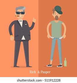 Rich and pauper men. Vector illustration of differences between social levels of population. Successful and unfortunate, luxury and poverty, businessman and pleb. Can be used as social poster, banner.