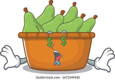 Rich pear fruit box with Money eye mascot character style