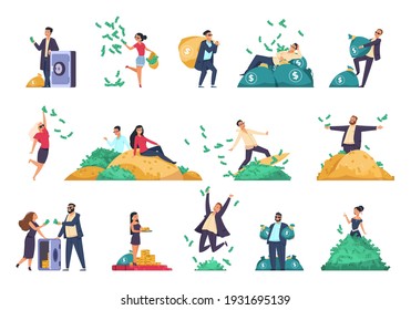 Rich People. Cartoon Successful Characters Throwing Banknotes In Air. Millionaires With Safes And Bags Full Of Money. Cute Persons Sitting On Heaps Of Green Banknotes, Gold Bars Or Coins, Vector Set