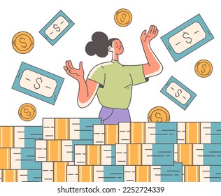 Rich people characters happy in big huge pile of money concept. Doodle line art cute style concept set. Vector cartoon graphic design element illustration