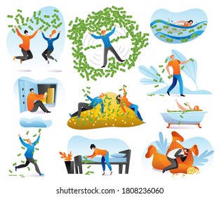 Rich people characters, wealth, businessman with money set of cartoon vector illustrations. Man bathing in riches money, happy millionaire, magnate, gold and richness good luck, fortune.