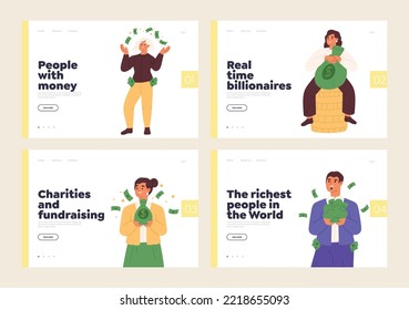 Rich people concept of landing pages set. Happy young man and woman holding money bag, coins, cash dollar currency. Financial success, investment and lottery concept. Cartoon flat vector illustration