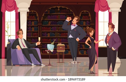 Rich people drinking champagne and leading conversation in fashionable interior of home library vector illustration