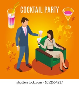 Rich people during cocktail party isometric composition on orange background with drinks and stars vector illustration