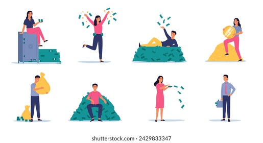 Rich people, finance profit set of lottery win or expensive banking deposit, wealthy earning investment, cash financial profit money, illustration of wealth