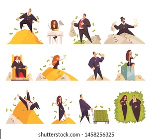 Rich People Flat Cartoon Comic Elements Set With Wealthy Woman Bathing In Millionaire Man Money Vector Illustration 