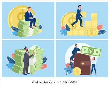 Rich people flat concept vector illustration set. Financial success and career. Businessmen with pile of coins and money 2D cartoon characters for web design collection. creative idea