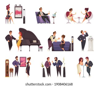 Rich people flat set of men and women characters in interior with furniture on white background vector illustration