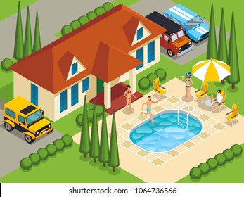 Rich people with friends during leisure on villa with swimming pool and landscape design isometric vector illustration