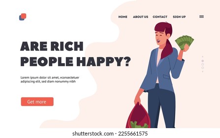 Rich People Happiness Landing Page Template. Young Businesswoman Holding Bag and Fan of Banknotes. Contented Wealthy Female Character Rejoice at Receiving Profit Concept. Cartoon Vector Illustration