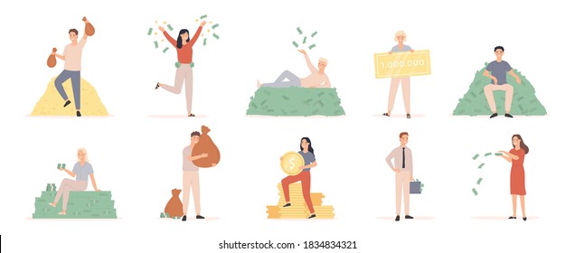 Rich people. Happy wealthy woman, man millionaire bathing in money, businessman magnate and cash dollar banknote finance profit vector set. Illustration money cash, rich character bathing