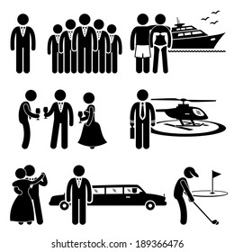 Rich People High Society Expensive Lifestyle Activity Stick Figure Pictogram Icon Cliparts