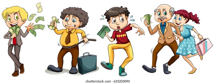 Rich people holding cash illustration