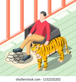 Rich people isometric background with wealthy man sitting in chair patting tiger standing near vector illustration