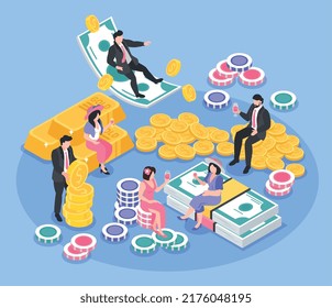 Rich people isometric composition with men and women sitting on money vector illustration