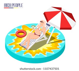 Rich people isometric composition with young woman lying in sun lounger and fanning herself with money fan vector illustration 