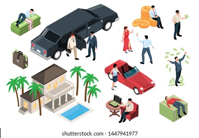 Rich people isometric icons set of expensive real estate luxury cars gold coins and green banknotes isolated vector illustration 