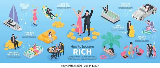 Rich people isometric infographics with wealthy business ideaa symbols vector illustration