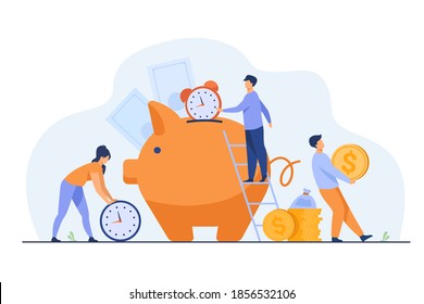 Rich people keeping cash and clocks in piggy bank. Vector illustration for time Is money, business, time management, wealth concept