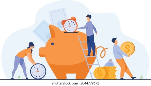 Rich people keeping cash and clocks in piggy bank. vector illustration for time is money, business, time management, wealth concept Free Vector