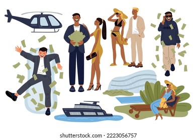 Rich People Life. Expensive Lifestyle. Persons With Money And Luxury Elements. Man With Banknotes Heap. Helicopter And Yacht. Lady On Chaise Longue. Cash Bath Or Rain