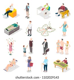 Rich people and rich life isometric icons set of wealthy persons relaxing on south beach eating delicious in restaurant gambling in casino isolated vector illustration