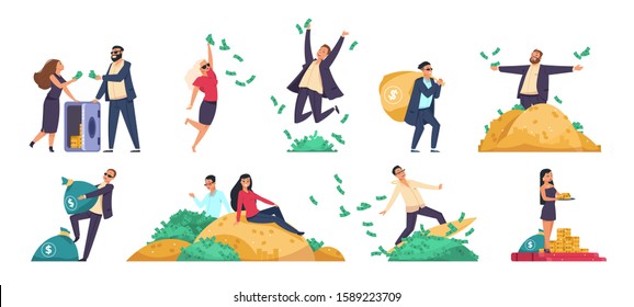 Rich people. Millionaire or banker happy cartoon character with bundles of money, throwing and jumping. Vector illustration wealthy businessman in financial stability set on white background