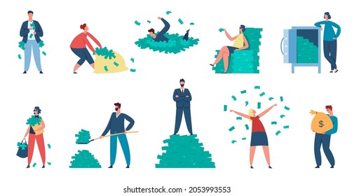 Rich people, millionaire characters with cash and money bags. Wealthy men and women throwing money bills, standing on dollar pile vector set. Business people earning fortune, income