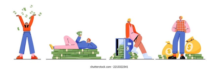 Rich people with money, happy men and women throw dollars in air, relaxing on pile of banknotes, sitting on open safe. Male and female characters with moneys bags, Linear flat vector illustration