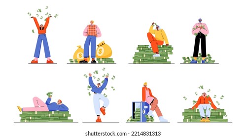 Rich people with money, happy men and women throw dollars in air, relaxing on pile of banknotes, sitting on open safe. Male and female characters with moneys bags, Linear flat vector illustration