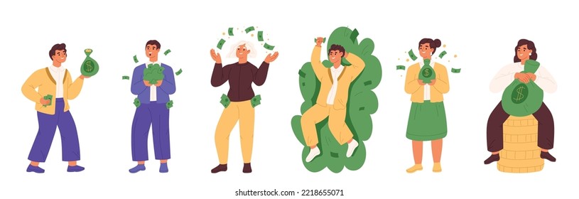 Rich people set. Happy young man and woman holding money bag, coins, lying on pile of cash dollar currency. Financial success, investment and lottery win concept. Cartoon flat vector illustration