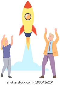 Rich people watch rocket launch. Business startup and entrepreneurship. Rocket as symbol of new project flies into space. Enjoyment of success and wealth. Characters happily raise hands during launch
