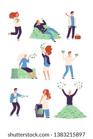 Rich people. Wealthy happy persons with money, lucky rich man and woman millionaire vector isolated characters